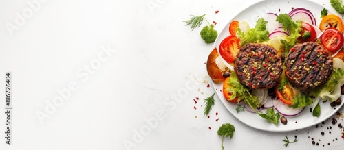 A top down view of pulled beef hamburgers with vegetables arranged on a plate placed on a white stone background creating a copy space image