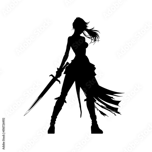 Graceful Warrior: Striking Silhouette of a Sword-Wielding Heroine, Essential for Dungeons & Dragons Adventures! Ideal for Character Art, Campaign Posters, and Tabletop Quests. Unleash Your Fantasy