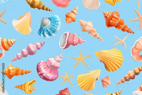 A collection of different seashells on a vibrant blue backdrop. Perfect for beach-themed designs