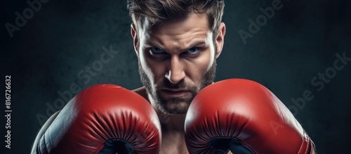 Sporty man wearing boxing gloves in a studio with copy space for an image © vxnaghiyev