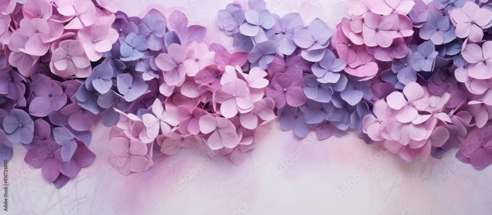 Obraz premium Top view of artistic ink background with pastel violet and pink Hydrangea flowers Copy space image