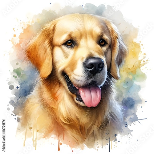 Isolated watercolor illustration of cute Golden Retriever dog on wite background. 