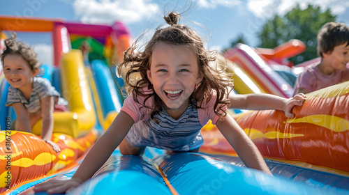 Happy kids playing on the inflatable bounce