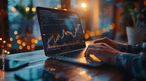 Businessman's hand working on a laptop with graphic graph chart diagram, stock market on the screen.
