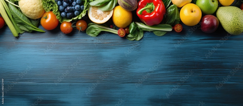 A variety of fresh organic vegetables and fruits artfully arranged on a rustic blue wooden backdrop Captured from a top down perspective leaving room for text or additional elements A variety of fresh organic vegetables and fruits artfully arranged on a rustic blue wooden backdrop Captured from a top down perspective leaving room for text or additional elements