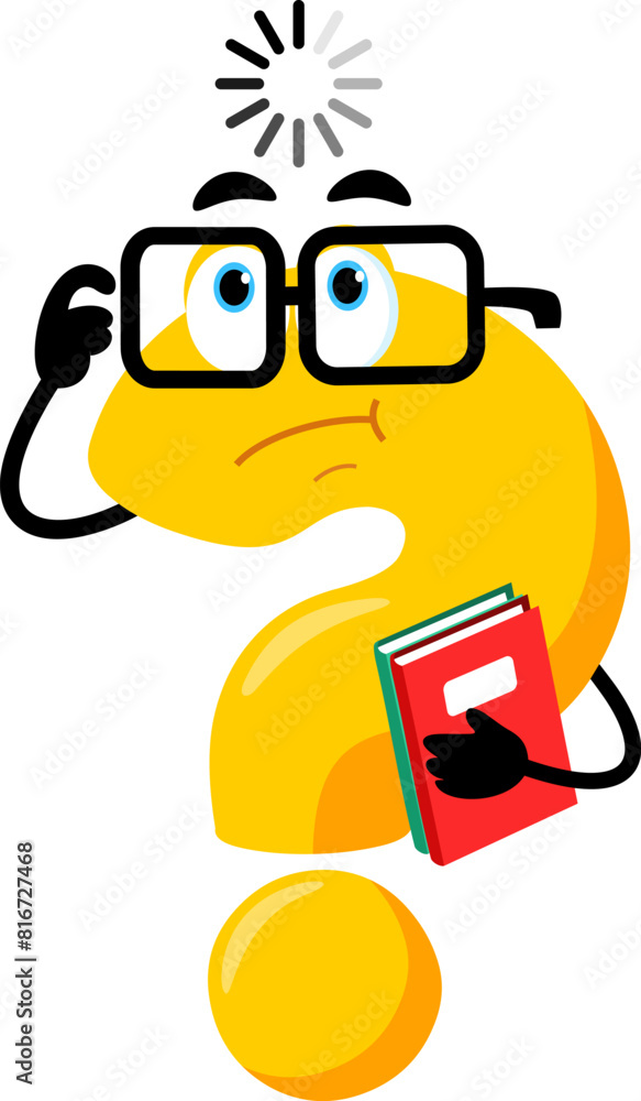 Cute Yellow Question Mark Cartoon Character Holding A NoteBooks And Thinks. Vector Illustration Flat Design Isolated On Transparent Background