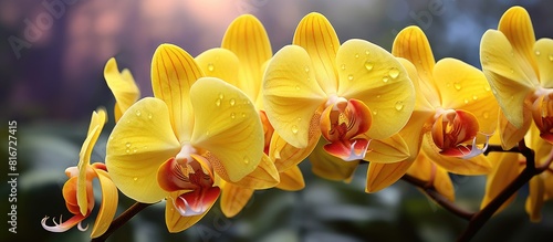 A vibrant yellow orchid flower known as Phalaenopsis or Moth orchid blossoms in the serene setting of an orchid garden creating a captivating copy space image