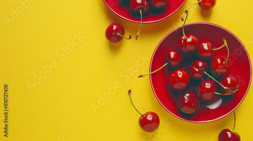 Plates with sweet cherries on yellow background photo