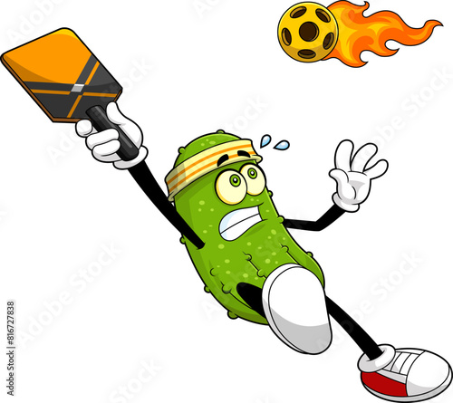 Funny Pickle Cartoon Character Playing Pickleball Sport. Vector Hand Drawn Illustration Isolated On Transparent Background