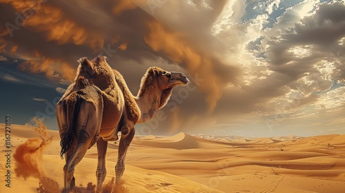 A camel walking in the desert, a magical fantasy world, in the desert, wild sand flight, desert, sandstorm dramatic. Generative AI. photo