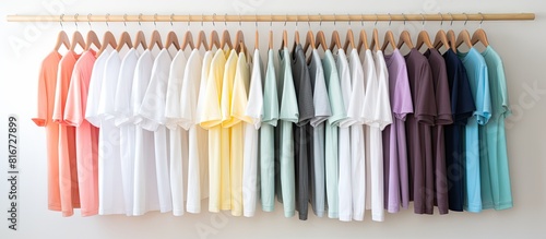 A variety of pastel colored t shirts are neatly arranged on a wooden hanger in a closet or clothing rack against a white background creating a visually appealing copy space image