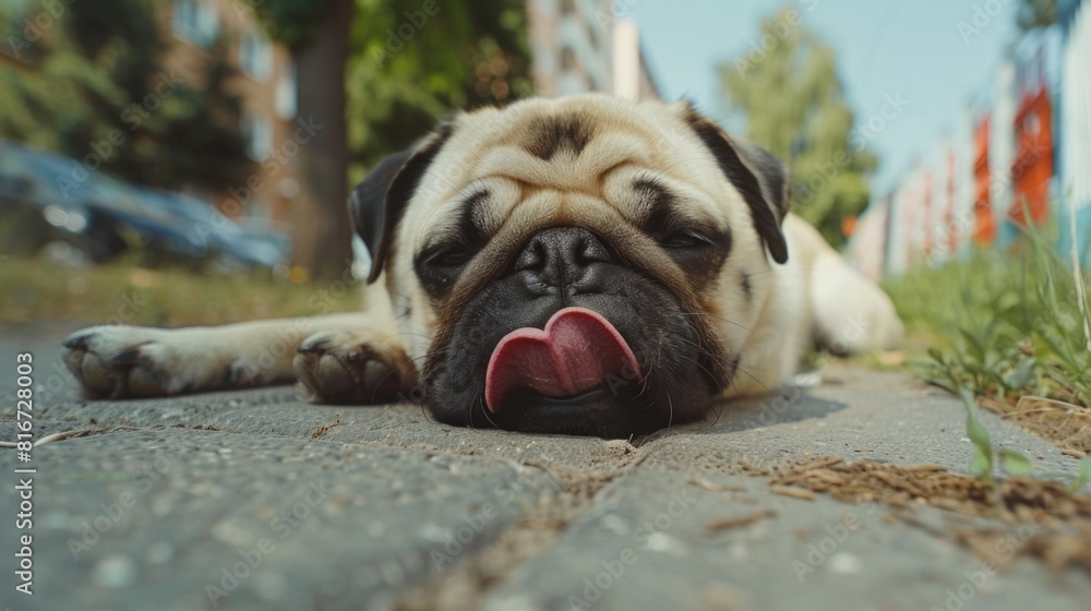 Obraz premium A dog laying on the ground with its tongue out. Suitable for pet care or animal behavior concepts
