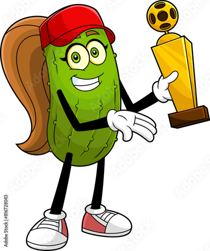 Cute Pickle Girl Cartoon Character Holding A Pickleball Gold Cup Trophy. Vector Hand Drawn Illustration Isolated On Transparent Background