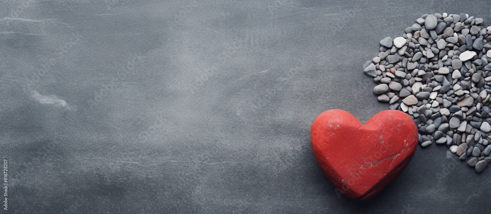 Obraz premium A red wooden heart is placed on a textured grey stone background creating a rustic and charming atmosphere The image provides ample space for written content or text making it a great choice for love