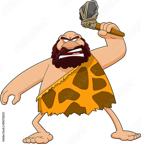 Angry Caveman Cartoon Character Holding A Stone Axe. Vector Hand Drawn Illustration Isolated On Transparent Background