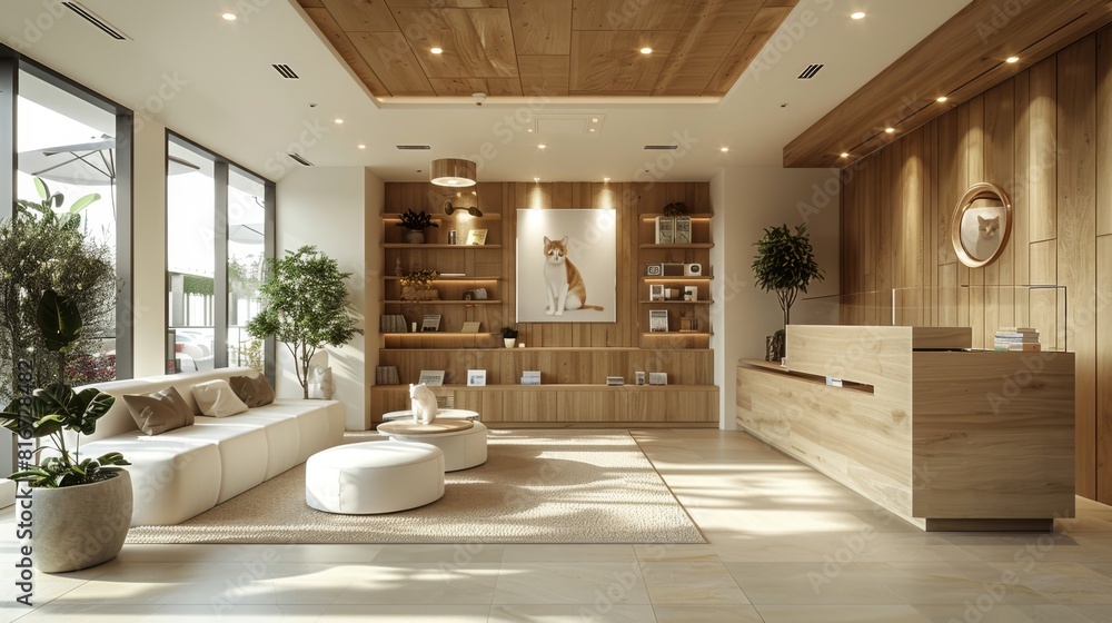 Fototapeta premium Modern minimalist veterinary clinic interior with natural wood and plants. Wide angle interior photography. Pet care and modern design concept for design and print.