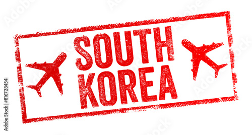 South Korea - a country located in East Asia known for its vibrant culture, technological advancements, delicious cuisine, and rich history, text emblem stamp with airplane