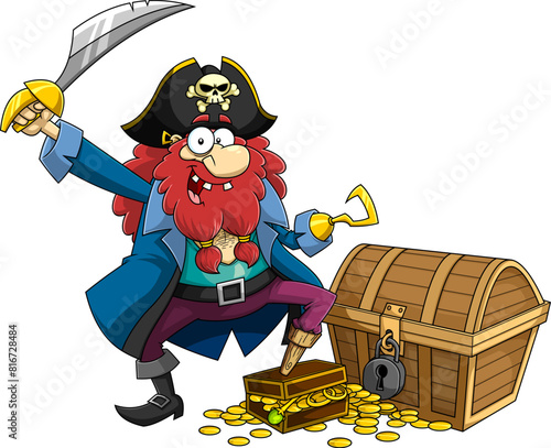 Funny Pirate Cartoon Character Brandishing Sword With Treasure Chest. Vector Hand Drawn Illustration Isolated On Transparent Background
