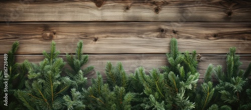 Copy space image of a rustic backdrop adorned with lush fir branches