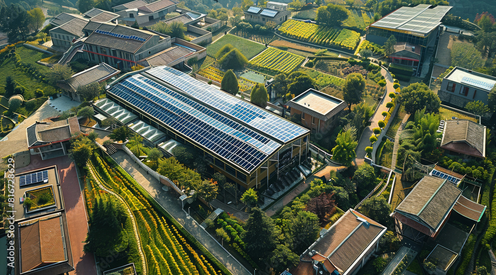 Fototapeta premium A conference venue in an ecological village, There are solar panels on the roof, Looking down from a drone perspective. Generative AI.