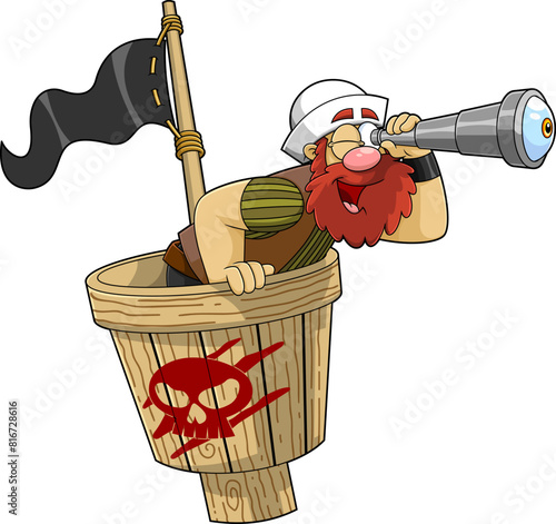 Funny Pirate Cartoon Character Using A Telescope In A Crows Nest. Vector Hand Drawn Illustration Isolated On Transparent Background