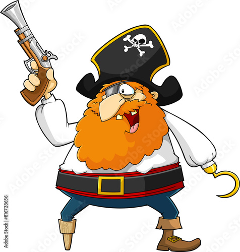 Funny Pirate Cartoon Character With Pistol And Hook. Vector Hand Drawn Illustration Isolated On Transparent Background