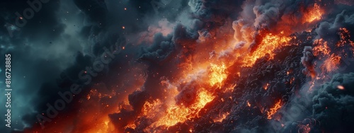 Volcanic eruption with vibrant flames and smoke. Wide angle aerial photography. Natural disaster and dramatic nature concept for design and print. Banner with copy space photo