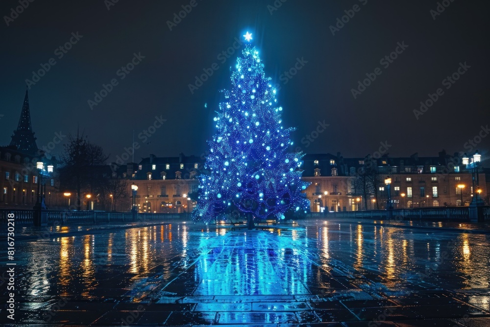 Majestic bluelit christmas tree glowing during a tranquil night in a city square with reflective surfaces Majestic bluelit christmas tree glowing during a tranquil night in a city square with reflective surfaces