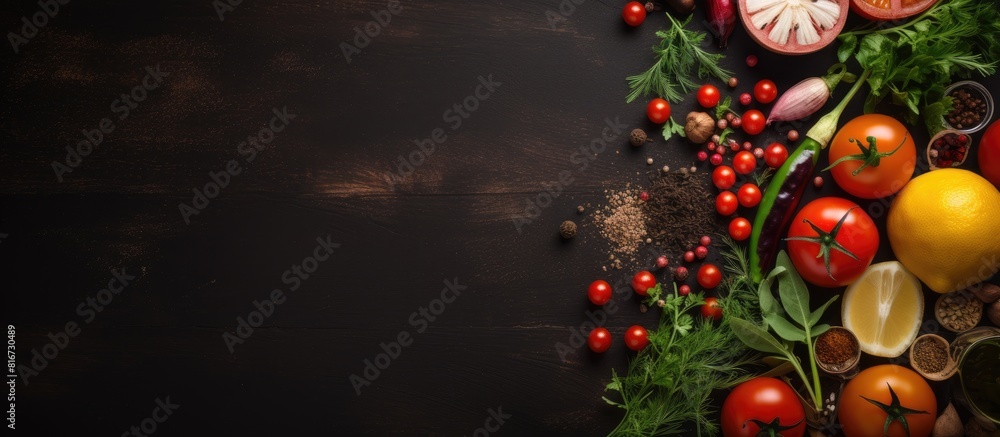 A top view of cooking ingredients like tomatoes garlic pepper lemon salad leaves olives and olive oil arranged on a dark old table This copy space image represents a vegetarian food health or cooking A top view of cooking ingredients like tomatoes garlic pepper lemon salad leaves olives and olive oil arranged on a dark old table This copy space image represents a vegetarian food health or cooking