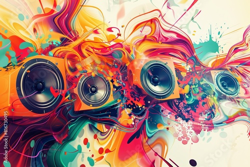 wild  colorful explosion of swirling shapes and patterns depicting the energetic and frenetic rhythms of dubstep  with abstract speakers and soundwaves