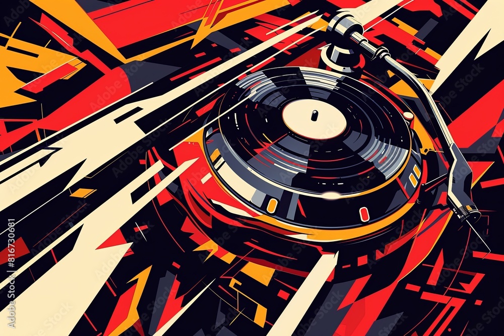 Obraz premium Bold, sharp lines and contrasting colors forming the image of a turntable and vinyl records, conveying the urban and rhythmic vibe of hip-hop