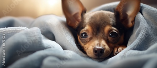 A toy terrier puppy is snuggled under a cozy blanket on a bed its gaze drifting towards the empty space Copy space image photo