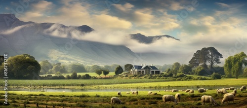 A serene scene of sheep peacefully grazing in front of a picturesque Cape Dutch wine farm in Constantia Cape Town The copy space image showcases the tranquility of rural life photo