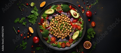 Top view of a vegetarian dish rich in vegan protein perfect for a healthy diet with a spacious image area. with copy space image. Place for adding text or design