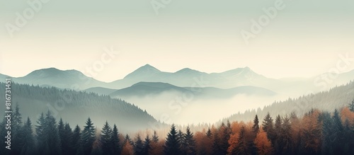 Wallpaper Mural A vintage retro hipster style displays a misty autumn landscape on a foggy mountain with a fir forest offering copy space as a seasonal fall background Torontodigital.ca