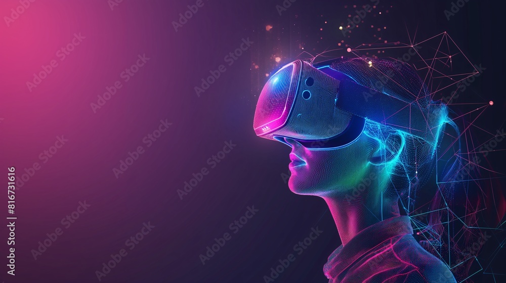 glow polygon of a woman wearing virtual reality(VR) with copy space glow polygon of a woman wearing virtual reality(VR) with copy space