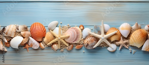 A vacation themed image showcasing seashells and a starfish arranged on a wooden surface. with copy space image. Place for adding text or design
