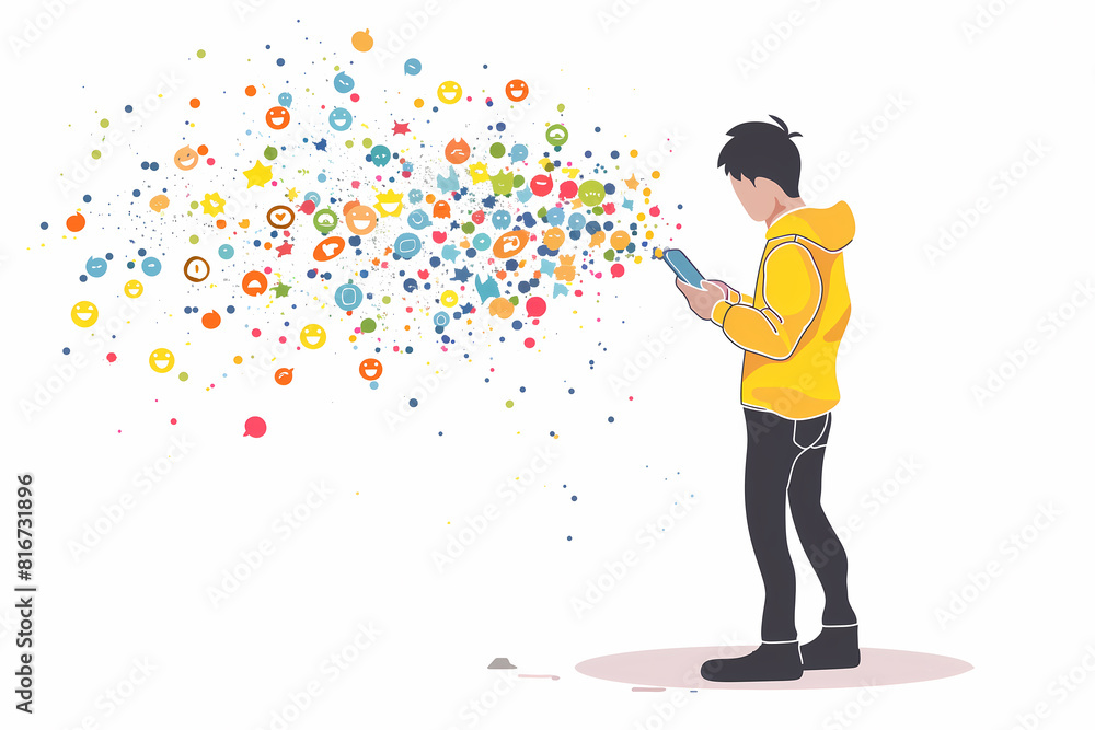 illustration of a man using a mobile phone with emojis gushing out of the phone on a white background with copy space illustration of a man using a mobile phone with emojis gushing out of the phone on a white background with copy space