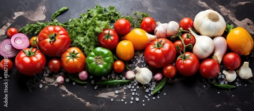 A vibrant assortment of tomatoes in different shades of red and yellow along with fresh green onion and basil are placed on a grey stone surface The arrangement features garlic salt and various spice