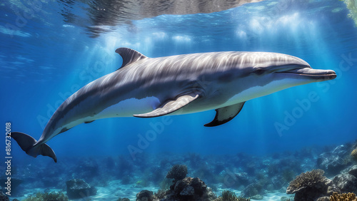 Happy Cute Dolphin Swimming In Its Natural Habitat Looking For Food Underwater Photography Style 300 PPI High Resolution Image