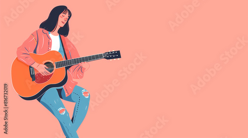 illustration of a woman playing guitar on a pastel pink background with copy space