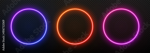 Neon light round frame. Gradient circle border with led glow. Laser bright ring. Fluorescent electric portal on a black background. Set of spheres templates for design with text.
