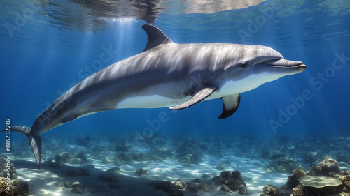 Happy Cute Dolphin Swimming In Its Natural Habitat Looking For Food Underwater Photography Style 300 PPI High Resolution Image