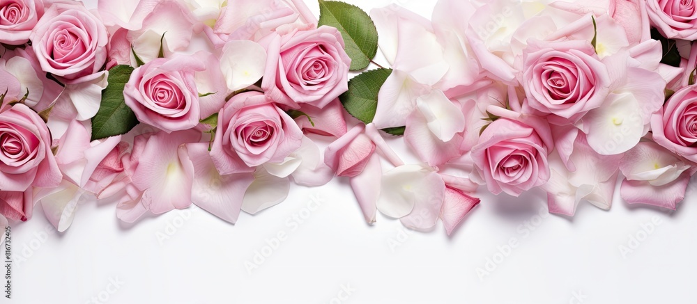 White background with a stunning pink rose border forming an elegant and visually appealing frame Perfect copy space image