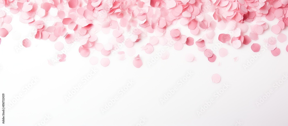 A soft pink confetti gently falls on a white background leaving ample copy space for an image