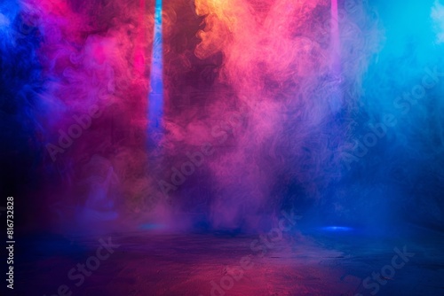 Colorful smoke billows in a dark room, illuminated by vibrant lights, creating a mesmerizing visual effect