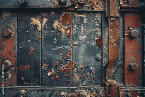 Detailed close-up of an old rusty door on a weathered loading dock, with visible signs of decay and metal corrosion