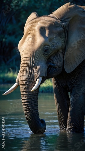 Large African elephant with tough wrinkled grey skin at the watering hole
