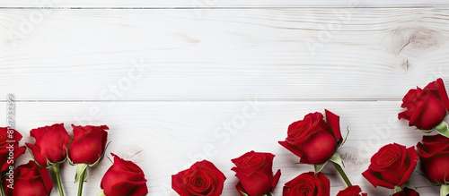 Fototapeta Naklejka Na Ścianę i Meble -  A copy space image with roses and red hearts arranged on a white wooden background