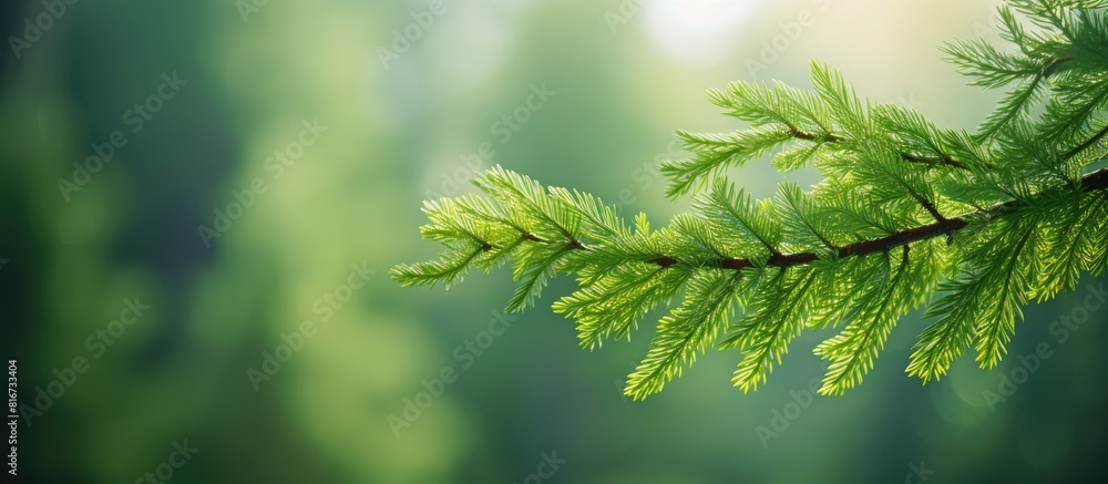 Soft sunlight illuminates a close up of a vibrant green spruce tree branch in a forest setting providing ample copy space for additional content Soft sunlight illuminates a close up of a vibrant green spruce tree branch in a forest setting providing ample copy space for additional content